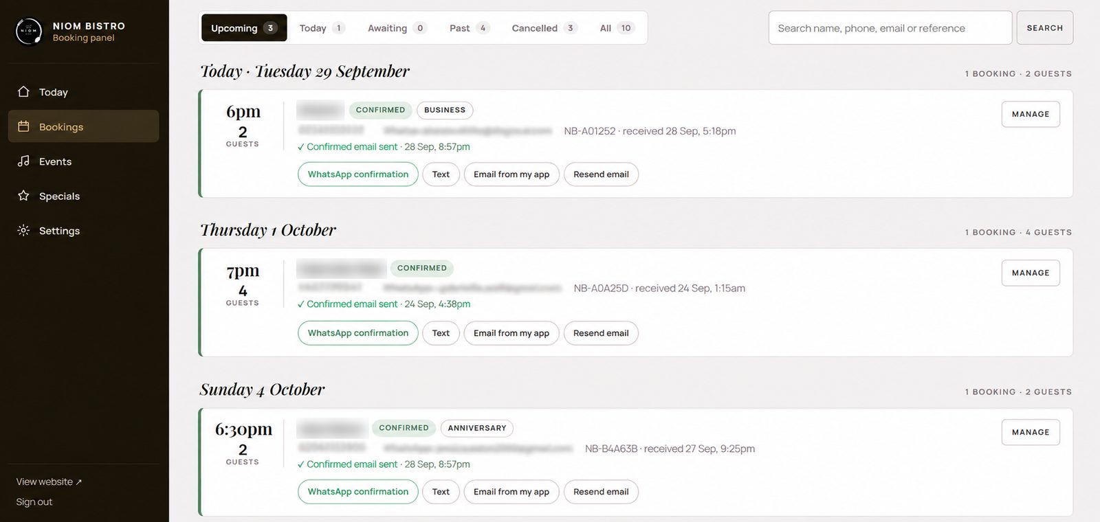Niom Bistro booking panel — Bookings list grouped by day with confirmed status, reference, WhatsApp confirmation, text, email and resend buttons