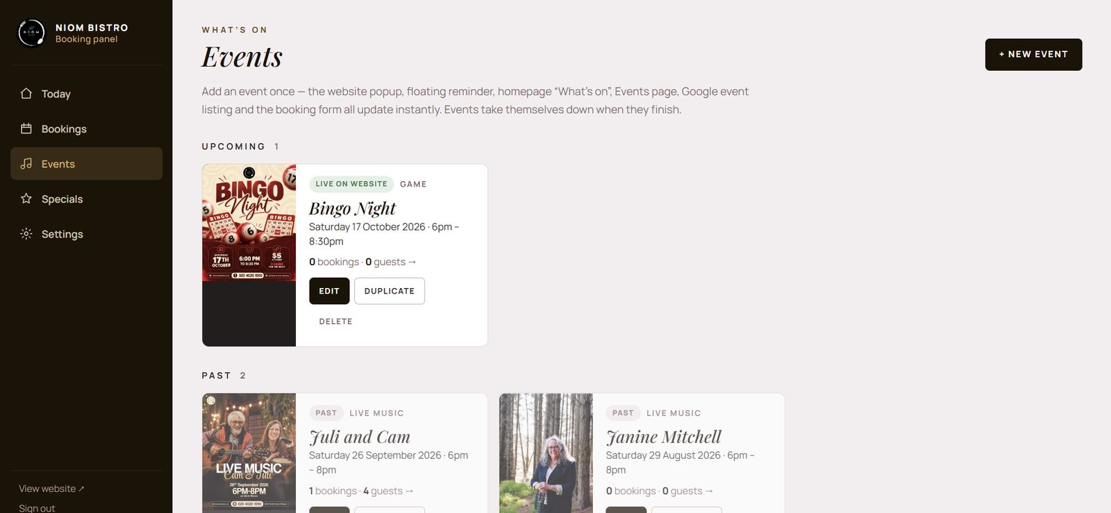 Niom Bistro booking panel — Events screen with an upcoming Bingo Night live on the website, bookings and guests per event, and past live music events